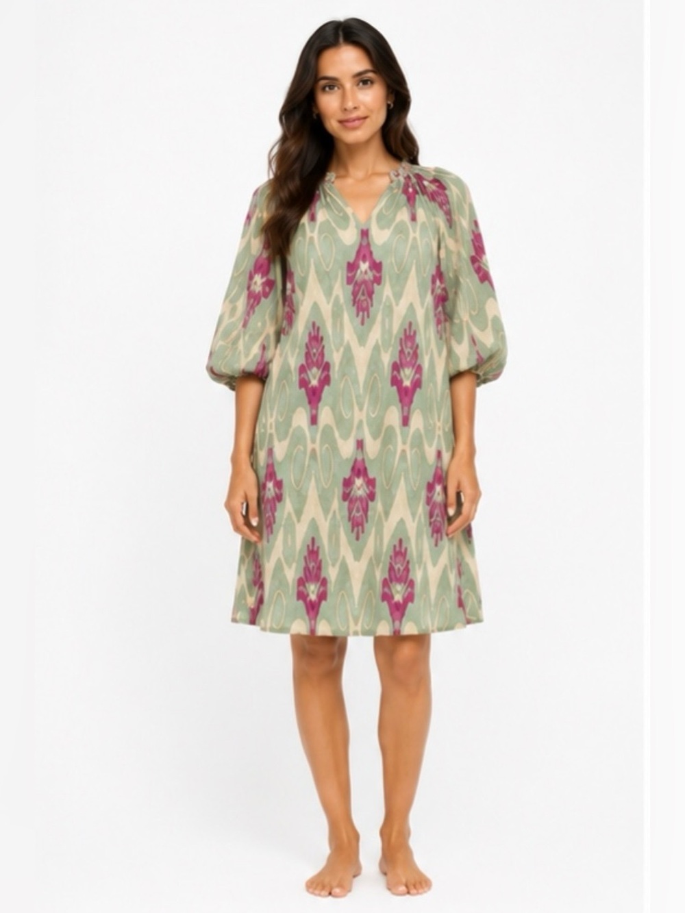 Ollari New York Ikat Cotton Shift Dress with Tie Belt Boho Coastal | Size L